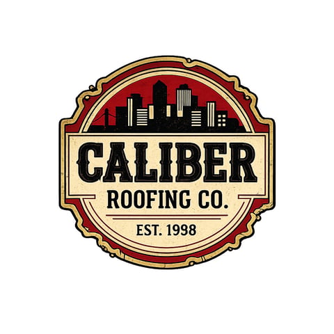 Caliber Roofing Co. logo with vintage badge design, red and gold circular emblem, city skyline silhouette, established 1998
